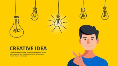 Sarı arkaplan vektör illüstrasyonunda çizgi roman adamının üzerinde asılı ampuller.