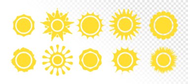 Beyaz arkaplan vektör illüstrasyonunda sarı güneş simgeleri.