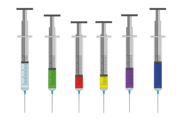 Conjunto de jeringas con diferentes líquidos de color aislados sobre fondo blanco. — Archivo Imágenes Vectoriales