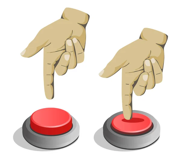 Vektor illusztráció férfi kéz nyomja meg a piros gombot egy mutatóujjával át fehér háttér. — Stock Vector