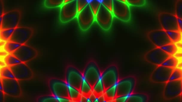 Donkere achtergrond met neon-gekleurde bloemen ontwerp in 4k video. — Stockvideo