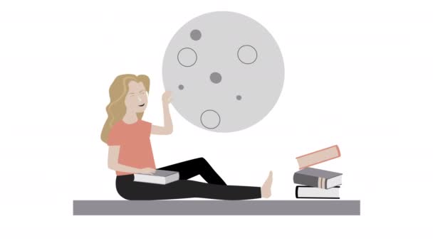 Mulher dos desenhos animados com livros e ícone da lua em vídeo 4k. — Vídeo de Stock