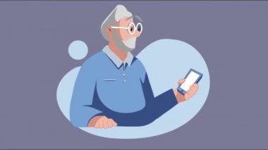 4K videoda cep telefonu olan yaşlı adam çizgi filmi..