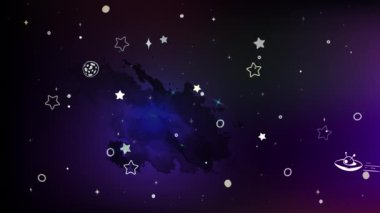 4k video içinde yıldızlı ve uçan UFO simgeleriyle koyu mor boşluk.