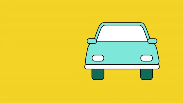 Vidéo 4k de dessin animé voiture bleue sur fond jaune. — Video