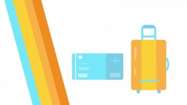 Beyaz arka planda çizgi film bileti ve bavul 4k video.