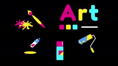 Siyah arkaplandaki karikatür sanat araçlarının 4k videosu.