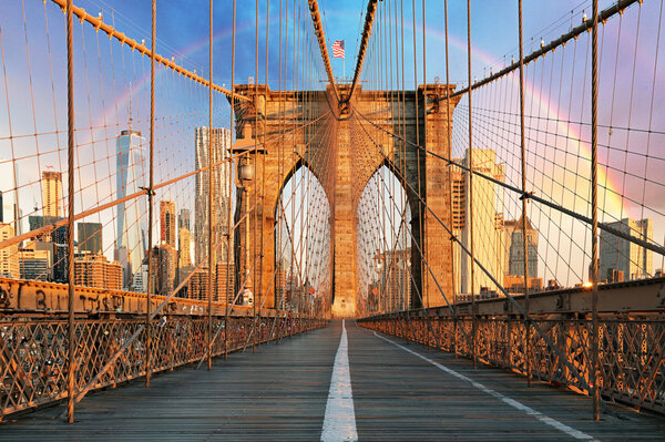 New York, Brooklyn bridge with rainbow