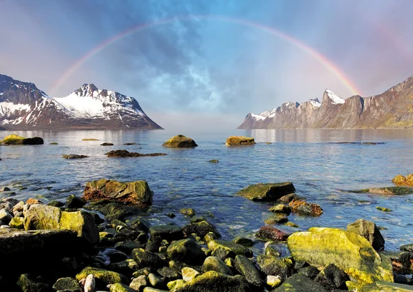 Norway fjord with rainbow over sea — Stock Photo, Image