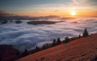 Pembe ışıktaki deniz sisi çok güzel ve muhteşemdir. Tepelerin yamaçlarında yuvarlanan belirsiz bir dalga.