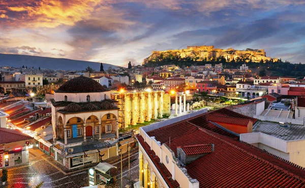 Panorámás Kilátás Athén Óvárosára Akropolisz Parthenon Templomára Napkeltekor — Stock Fotó