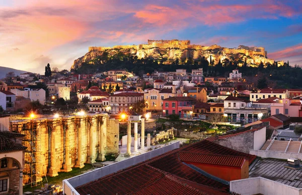 Panoramautsikt Den Gamle Byen Athen Parthenontempelet Akropolis Soloppgang – stockfoto