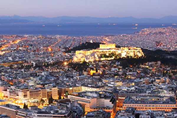 Acrópolis Por Noche Atenas Desde Colina Lycabettus Grecia —  Fotos de Stock