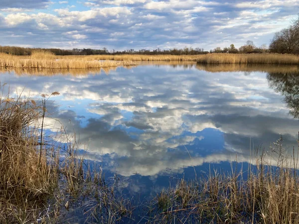 春天有云彩反射的湖 — 图库照片
