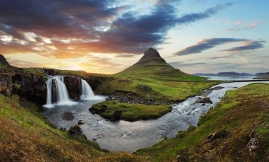 Iceland landscape with volcano and waterfall clipart