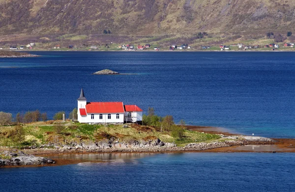 Church in fjord on Lofoten islands in Norway — Stock Photo, Image