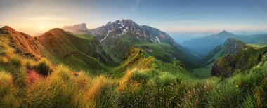 Mountain sunrise panorama in Dolomites, Passo Giau