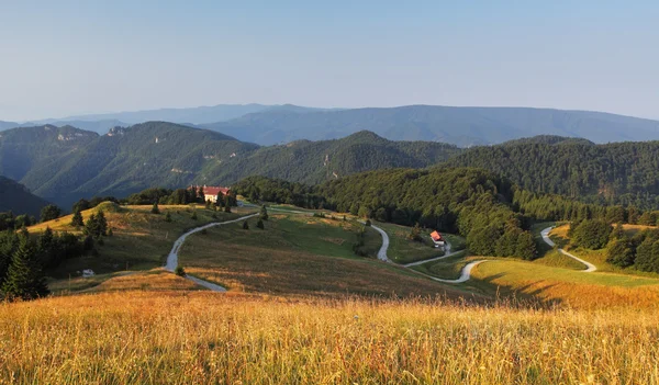 Hill krajina s pastvin a lesů — Stock fotografie