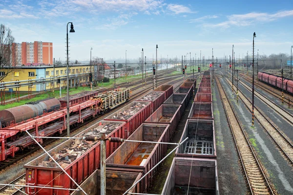 Nákladní vlak platformu s kontejnerem — Stock fotografie