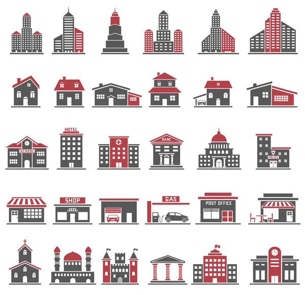 Здание иконы установлены в красном и черном цвете Лицензионные Стоковые Иллюстрации