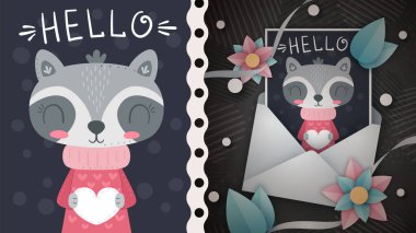 Tebrik kartı için kalp fikri olan bir rakun.