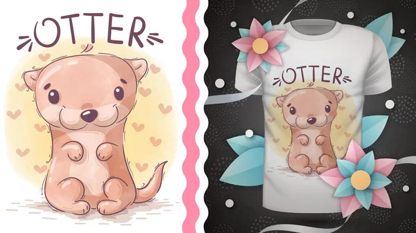 Watercolor cartoon character animal otter - idea for print t-shirt — Stockvektor
