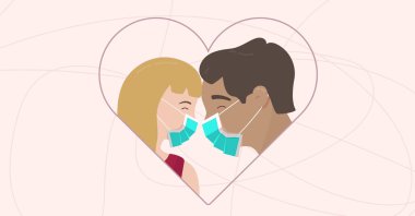 Erkek ve kız koruyucu maskeler içinde öpüşürler. Koronavirüs salgını sırasında antiviral koruma. 2021 Sevgililer Günün kutlu olsun. Coronavirus konsepti. Bir çift sevgili. Öpüşme, sarılma, tecrit sırasında destek