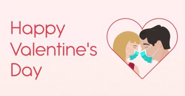 Sevgililer Günün kutlu olsun. Erkek ve kız koruyucu maskeler içinde öpüşürler. Koronavirüs salgını sırasında antiviral koruma. Coronavirus konsepti. Bir çift sevgili. Öpüşme, sarılma, tecrit sırasında destek