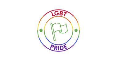 Haziran 'da LGBT Onur Ayı' nda en düşük tipografi kartı. Metin yaması etiketi. Yuvarlak pul logosu. Lezbiyen Gey Biseksüel Transseksüel. Yıllık kutlama. LGBT bayrağı. Gökkuşağı aşk konsepti. İnsan hakları ve hoşgörü