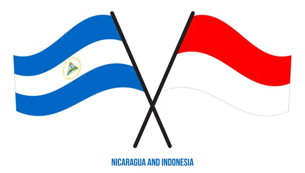 Nicaragua Dan Indonesia Bendera Crossed Dan Waving Flat Style Proporsi - Stok Vektor