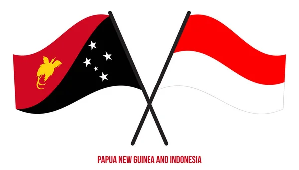 Papua Nugini Dan Indonesia Bendera Crossed Waving Flat Style Proporsi - Stok Vektor