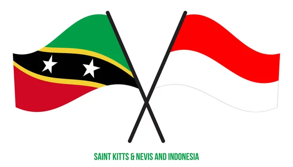 Saint Kitts Nevis Dan Indonesia Flags Crossed Waving Flat Style - Stok Vektor
