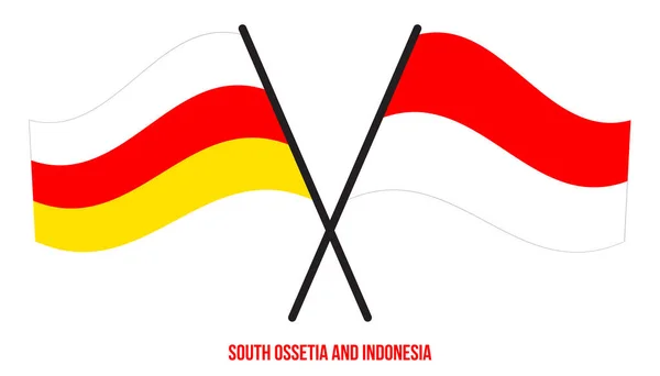 Banderas Osetia Del Sur Indonesia Cruzadas Ondeando Estilo Plano Proporción — Vector de stock