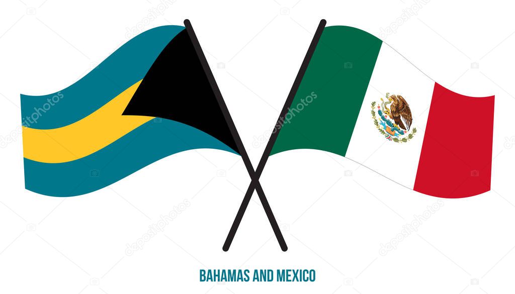 Bahamas and Mexico Flags Crossed And Waving Flat Style. Official Proportion. Correct Colors.