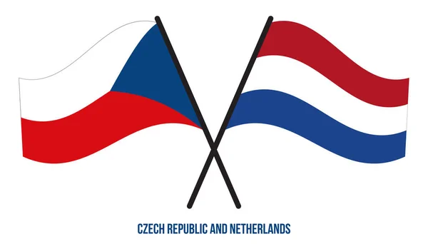 República Checa Países Bajos Banderas Cruzadas Ondeando Estilo Plano Proporción — Vector de stock