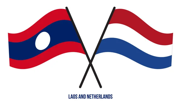 Laos Países Bajos Banderas Cruzadas Ondeando Estilo Plano Proporción Oficial — Vector de stock