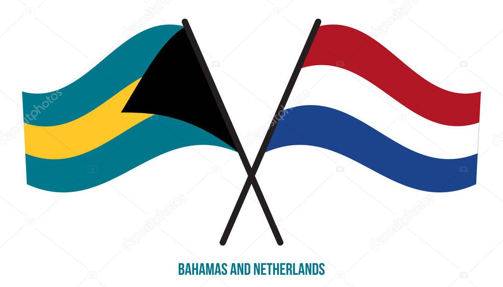 Bahamas and Netherlands Flags Crossed And Waving Flat Style. Official Proportion. Correct Colors.