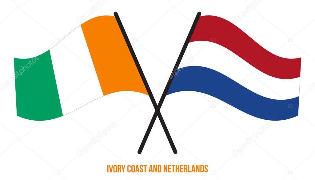 Ivory Coast and Netherlands Flags Crossed And Waving Flat Style. Official Proportion. Correct Colors.