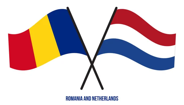 Romania Netherlands Flags Crossed Waving Flat Style Official Proportion Correct — Vetor de Stock