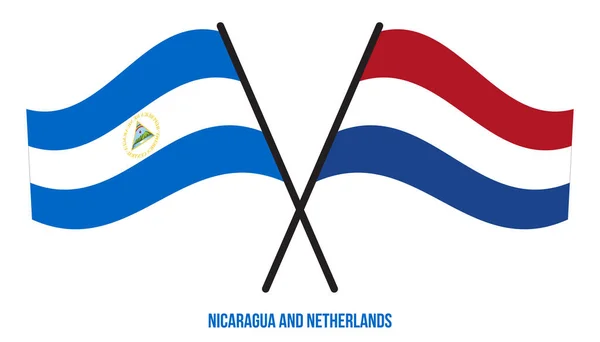 Флаги Никарагуа Нидерландов Пересекли Помахали Плоским Стилем Официальная Доля Правильные — стоковый вектор