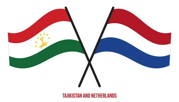 Tayikistán Países Bajos Banderas Cruzadas Ondeando Estilo Plano Proporción Oficial — Vector de stock