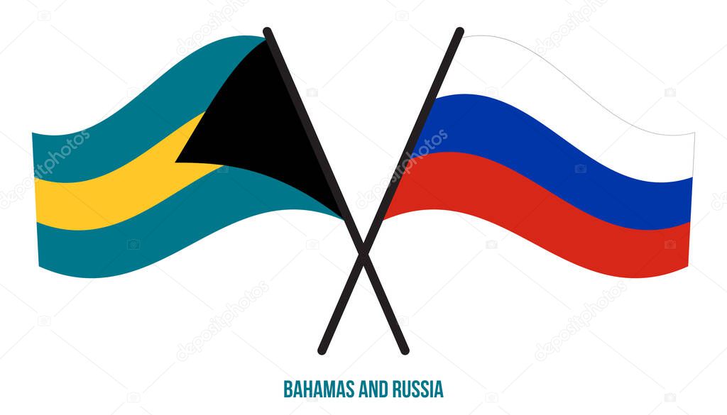 Bahamas and Russia Flags Crossed And Waving Flat Style. Official Proportion. Correct Colors.