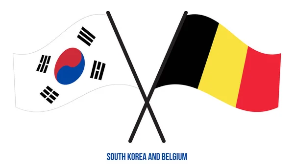 Coreia Sul Bélgica Bandeiras Cruzadas Acenando Estilo Plano Proporção Oficial — Vetor de Stock