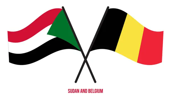 Drapeaux Soudan Belgique Croisés Agitant Style Plat Proportion Officielle Couleurs — Image vectorielle