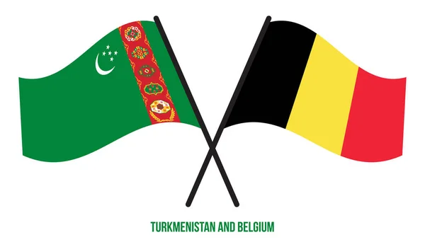 Die Flaggen Turkmenistans Und Belgiens Wehten Flachen Stil Offiziell Korrekte — Stockvektor