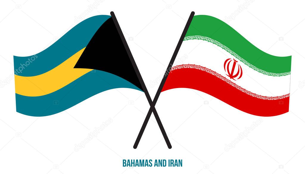 Bahamas and Iran Flags Crossed And Waving Flat Style. Official Proportion. Correct Colors
