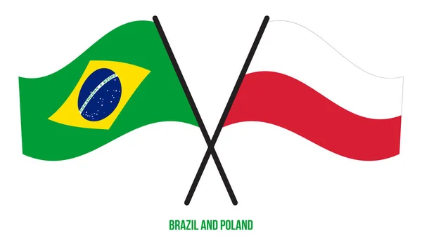 Brasil Polonia Banderas Cruzadas Ondeando Estilo Plano Proporción Oficial Colores — Vector de stock