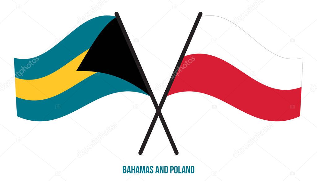 Bahamas and Poland Flags Crossed And Waving Flat Style. Official Proportion. Correct Colors.