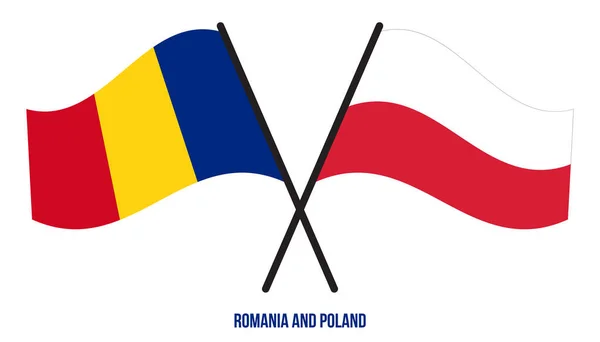 Romênia Polônia Bandeiras Cruzadas Acenando Estilo Plano Proporção Oficial Cores — Vetor de Stock