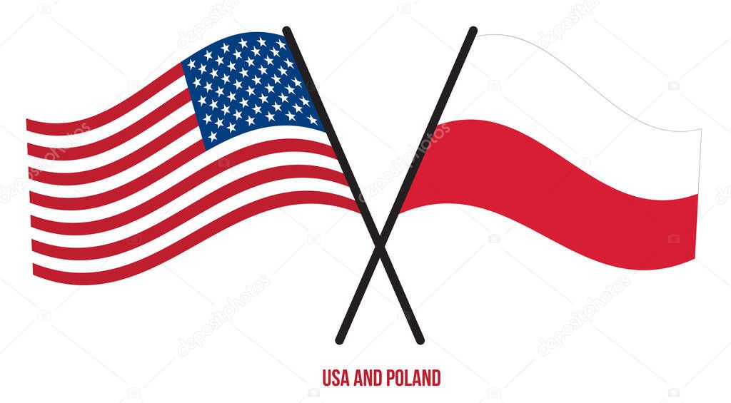 USA and Poland Flags Crossed And Waving Flat Style. Official Proportion. Correct Colors.